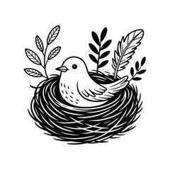 Fototapeta premium Charming line art bird sitting in a nest with leaves, charming