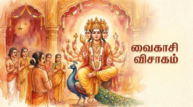 Vibrant illustration of Lord Murugan, the Hindu deity, with multiple heads and arms, seated on his peacock vahana, surrounded by devotees in a divine temple setting, celebrating Vaikasi Visakam.