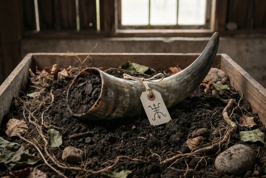 Spiritual agriculture concept showing a manure cow horn and carved wooden tag