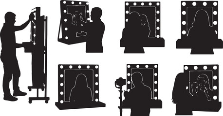 Obraz premium Black Solid Makeup Artist Vanity Mirror Silhouettes Set of Six on White Background
