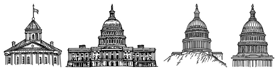 Neoclassical government buildings and capitol domes in detailed engraving style © Kaz