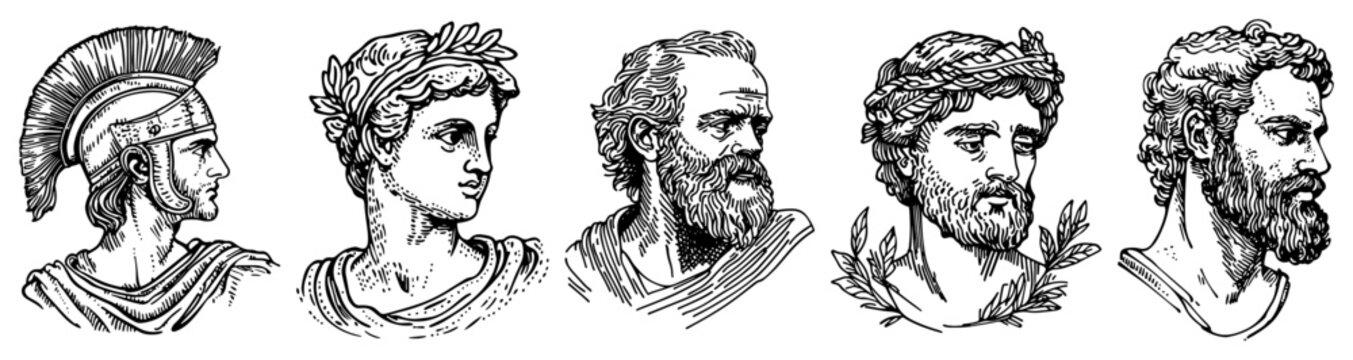 Roman soldier and Greek philosopher portraits in vintage engraving style