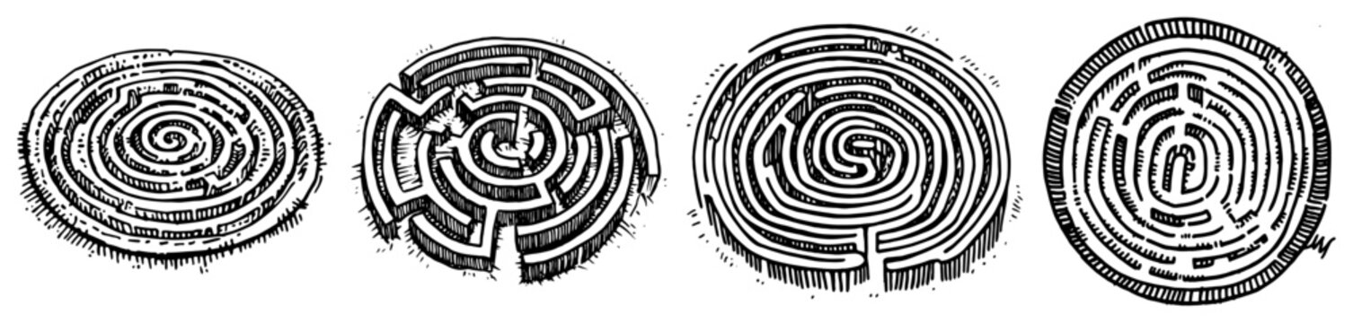 Circular labyrinth patterns and maze symbols in hand drawn engraving style