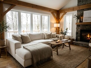 Fototapeta premium Cozy living room with sectional sofa and fireplace wooden beams stone fireplace