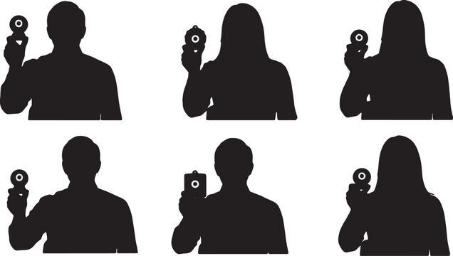 Black Solid Remote Employee Product Sample Webcam Silhouettes Set of Six on White Background