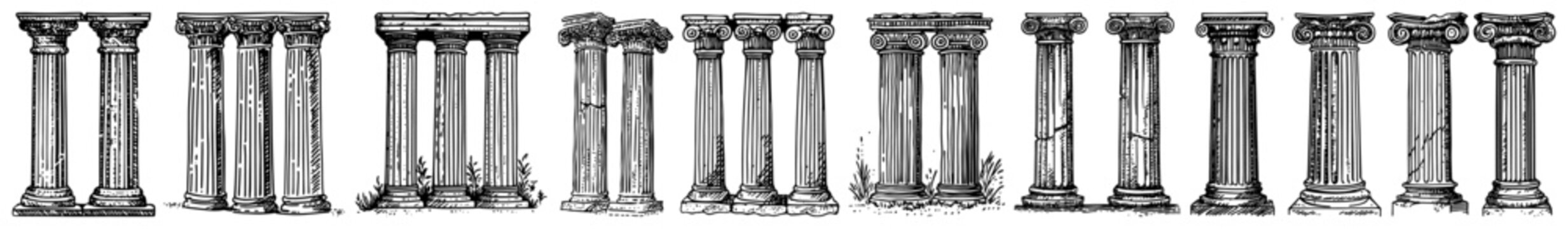 Classical greek and roman architectural columns set in vintage line art style
