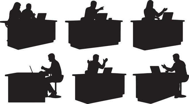 Black Solid Remote Hr Manager Virtual Interview Kitchen Silhouettes Set of Six on White Background