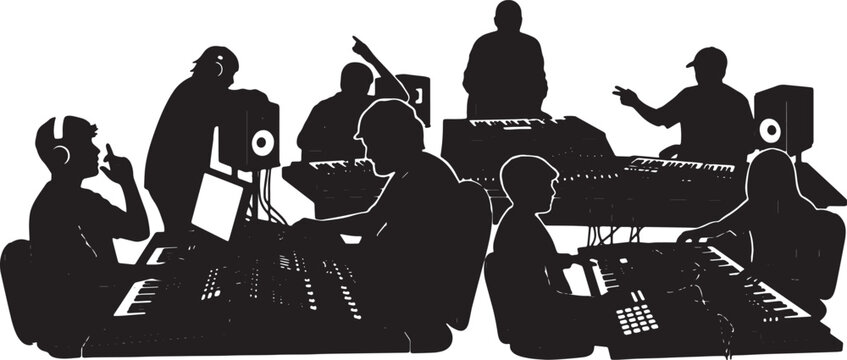 Black Solid Music Producer Mixing Desk Silhouettes Set of Six on White Background