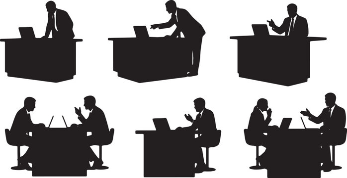 Black Solid Remote Hr Manager Virtual Interview Kitchen Silhouettes Set of Six on White Background