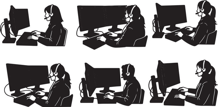 Black Solid Remote It Support Worker Dual Keyboard Silhouettes Set of Six on White Background