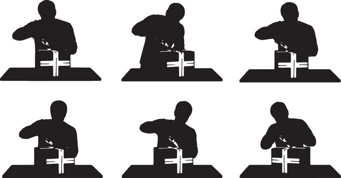 Black Solid Mystery Box Unboxing Desk Knife Silhouettes Set of Six on White Background