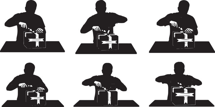 Black Solid Mystery Box Unboxing Desk Knife Silhouettes Set of Six on White Background