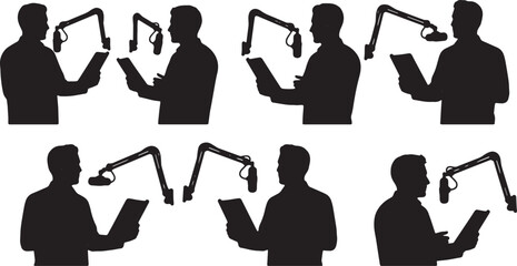 Black Solid Remote Podcast Host Boom Microphone Script Silhouettes Set of Six on White Background © ShahvezGrhi 
