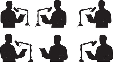 Black Solid Remote Podcast Host Boom Microphone Script Silhouettes Set of Six on White Background © ShahvezGrhi 