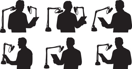 Black Solid Remote Podcast Host Boom Microphone Script Silhouettes Set of Six on White Background © ShahvezGrhi 