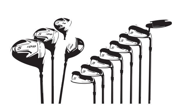 Professional golf clubs set vector illustration, black and white golf gear collection, sports equipment for tournament and leisure play