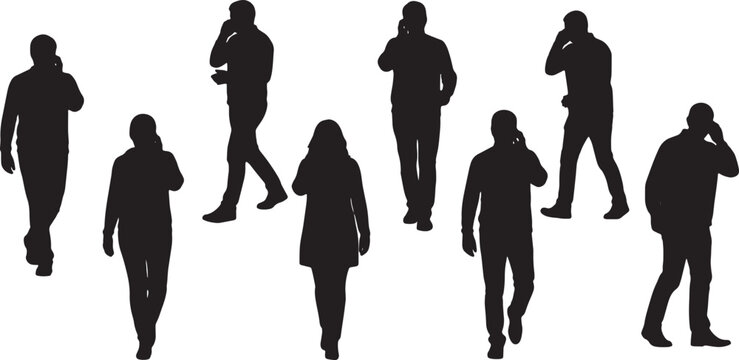 Black Solid Nervous Phone Call Pacing Silhouettes Set of Six on White Background