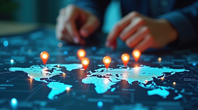 Mapa con marcadores de ubicaci&oacute;n luminosos y planificaci&oacute;n de rutas din&aacute;mica