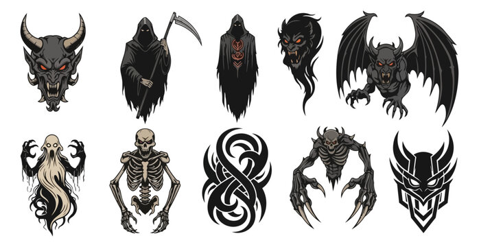 Dark fantasy illustrations of grim reapers demons and gothic creatures