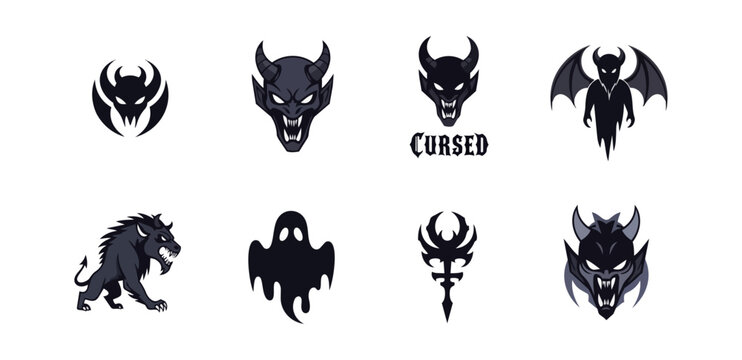 Dark silhouettes of mystical creatures on black background