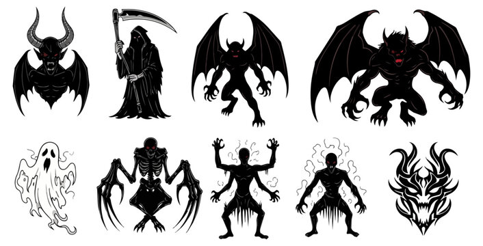Dark silhouette figures of demons ghosts and skeletons for halloween designs
