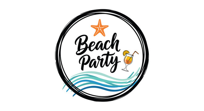 Beach party circular badge design featuring ocean waves a starfish and a refreshing cocktail on a white base.