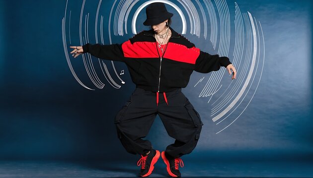 Dancer in black and red tracksuit and bucket hat performing with arms outstretched, surrounded by swirling white lines and musical notes on blue