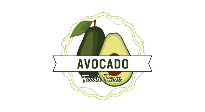 Fresh farm avocado label featuring a whole fruit and a half with a pit inside a wavy circular frame.