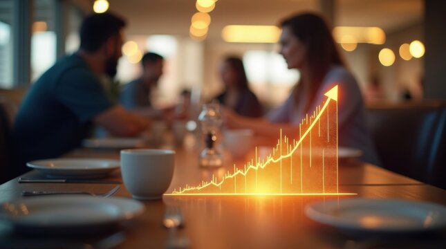 Mesa de restaurante con comensales desenfocados al fondo, superposici&oacute;n de un gr&aacute;fico financiero brillante con tendencia alcista