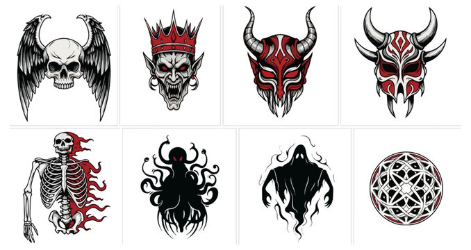 Graphic collection of skulls demons and abstract figures in monochrome