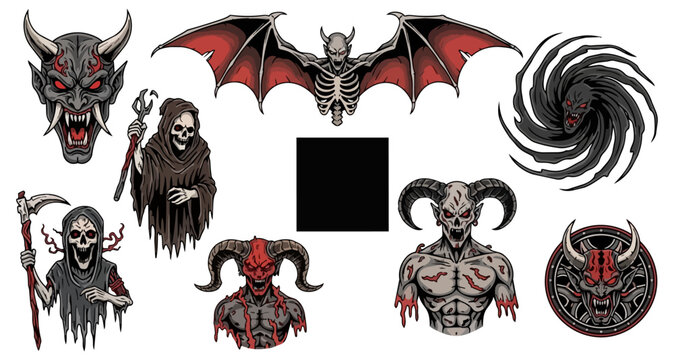 Graphic illustrations of mythical creatures and symbolic elements