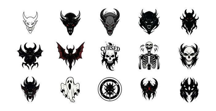 Graphic illustrations of mythical creatures and symbolic figures on black