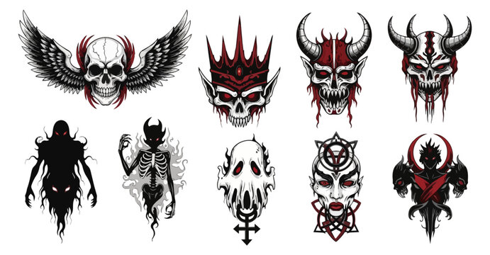 Graphic illustrations of skulls with horns wings and crowns