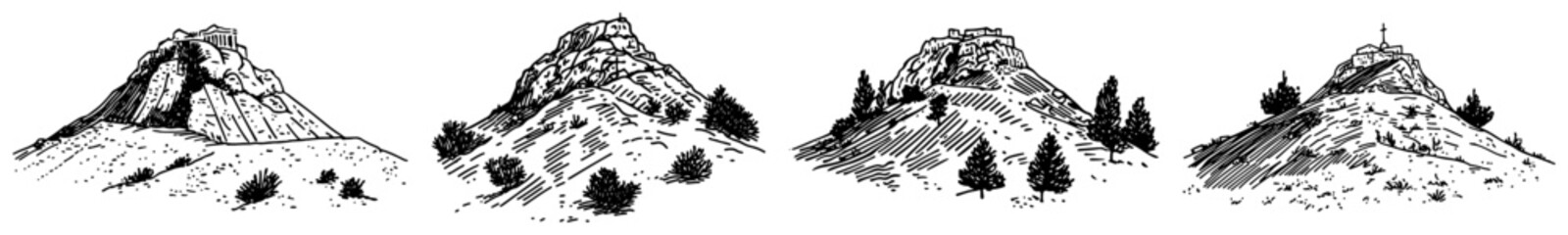 Rocky mountain peaks and dry hills with sparse vegetation in vintage etching style © Kaz