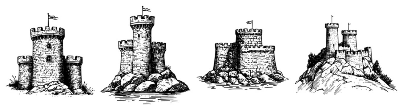 Medieval stone castle towers on rocky islands in vintage engraving style