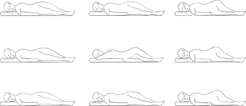 Top view line illustration of people sleeping in different poses, resting on pillow, bedtime and relaxation concept in clean minimal outline style
