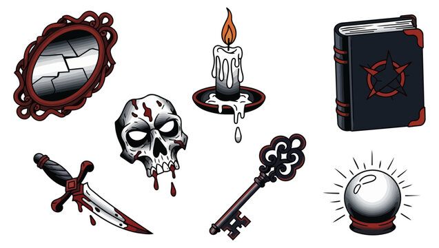 Occult symbolism collection mirror skull candle book dagger key crystal ball on black