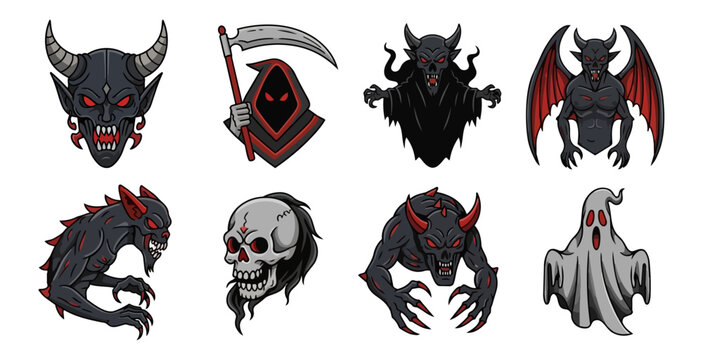 Set of dark fantasy creatures and symbols on black background