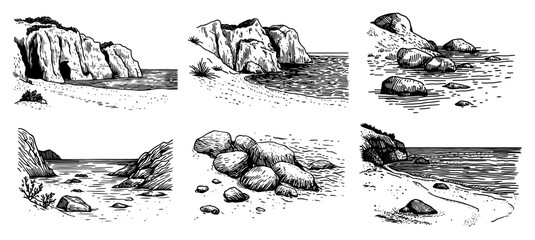Coastal landscapes with rocky beaches and sea cliffs in vintage engraving style © Kaz