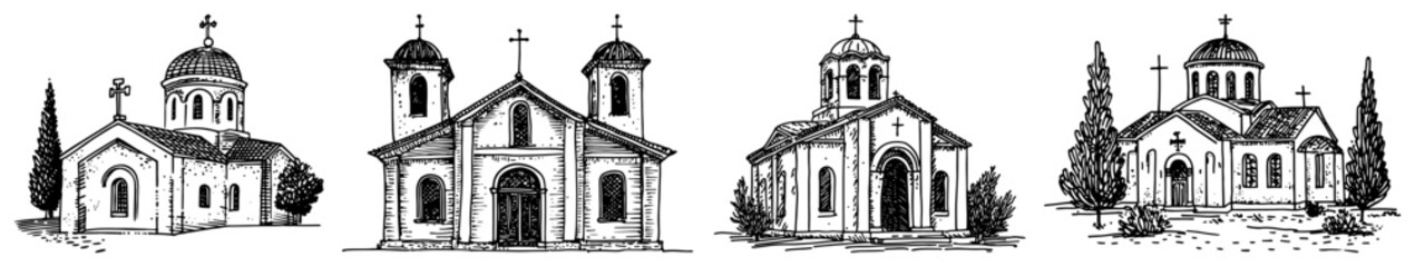 Orthodox greek churches and chapels with domes in vintage woodcut style © Kaz