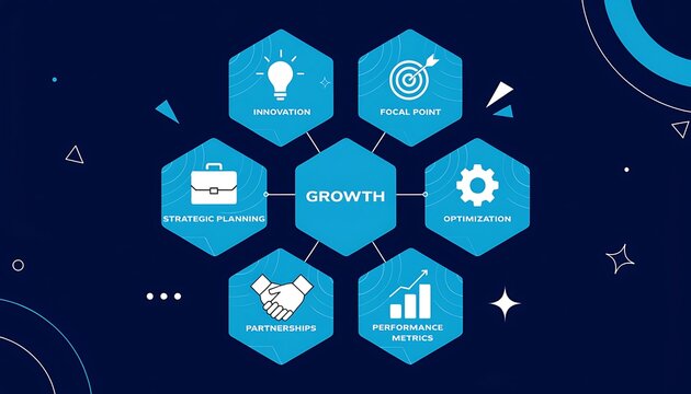 A hexagonal infographic illustrating business growth concepts, with 'growth' at the center and surrounding for innovation, focal point