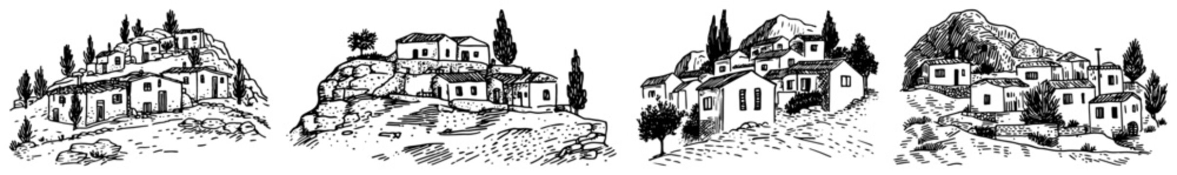 Mediterranean mountain villages with traditional greek houses in vintage engraving style