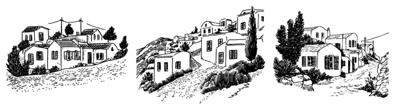 Mediterranean village houses and hillside street scenes in vintage engraving style