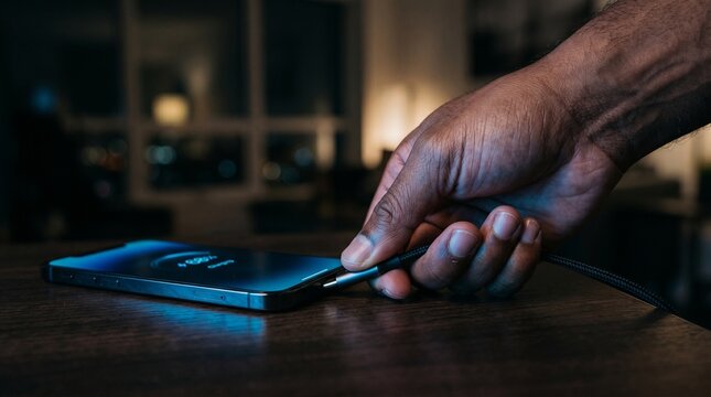 close-up of a hand charging a smartphone in low light environment, blue ambient glow from screen