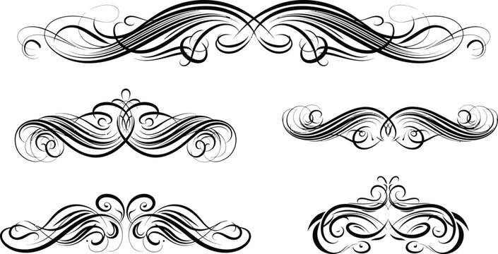 Collection of five black ornamental flourishes and dividers on white background, swirl scroll