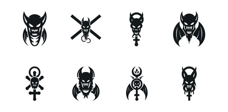 Abstract demon icons set on black background