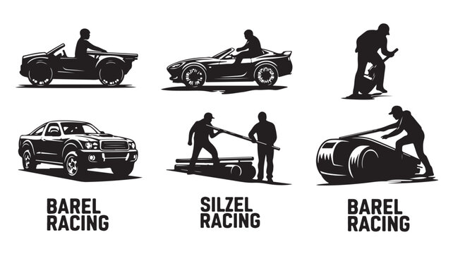 Barel Racing and Silzel Racing vector silhouettes, black and white motorsport icons set, automotive racing graphics for sports branding