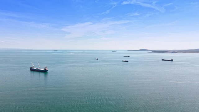 Several long cargo ships on the vast waterscape on sunny day. Bulk vessels standing on roadstead.