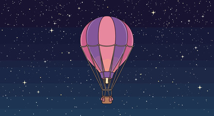 Pixel Art Hot Air Balloon Floating in Starry Night Sky © mah