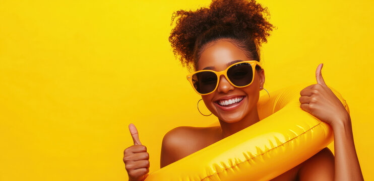 Smiling woman with sunglasses and inflatable ring on bright yellow background